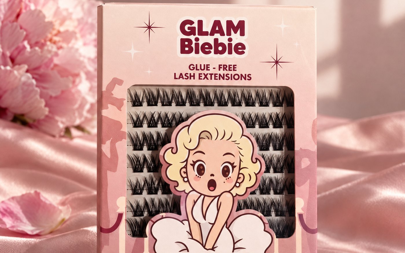 Glam BieBie lash box on blush silk with peonies in daylight