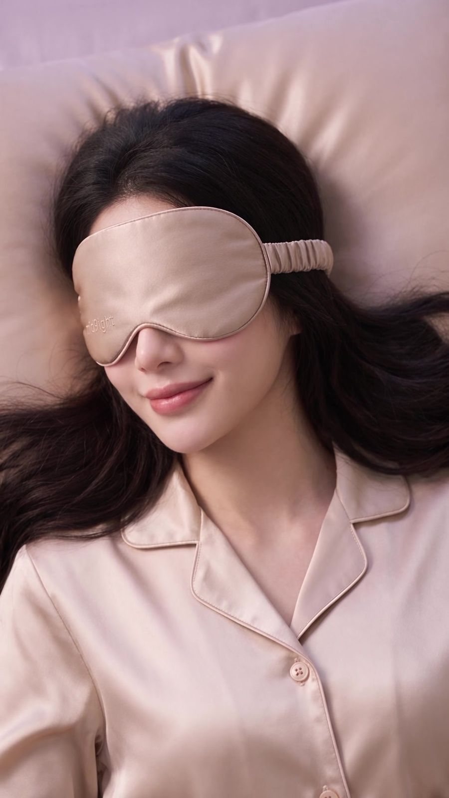 Luna asleep on a Mid9ight silk pillowcase in the Deluxe eye mask